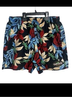 Vtg Gecko Hawaii Mens 6"  Volley Shorts Size Large Tropical Floral W/ Geckos EUC